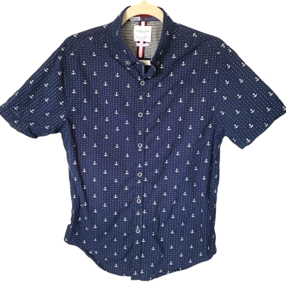 RICKY SINGH Men's Nautical Blue Short Sleeve Button Down Shirt Size Med